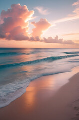 Obraz premium Tranquil beach sunrise with pink clouds and gentle ocean waves
