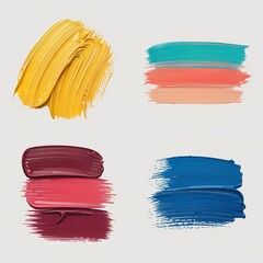 Four sets of paint strokes in yellow, teal, coral, burgundy, pink, and blue on a white background