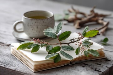 Relaxing tea break with blank pages and natural leaves on a rustic surface, evoking peace and calm.