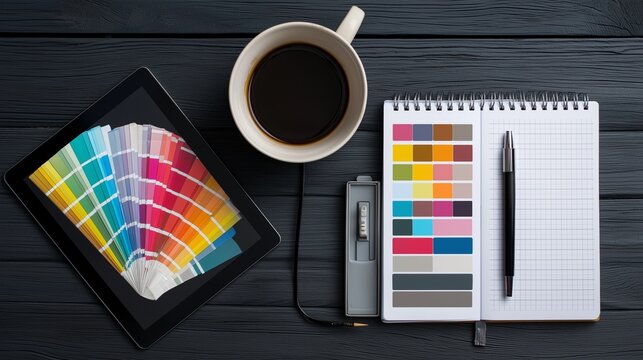 A top-down view of a creative professional's workspace on a dark wooden desk, showing hands using a digital tablet and stylus surrounded by color swatches and a yellow coffee cup.