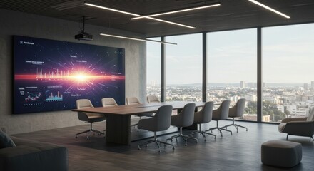 Business meeting in modern conference room with city view data visualization display professional environment