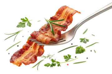 "Crispy fried bacon strips lifted on fork with green herbs, isolated PNG cutout, realistic food render without background