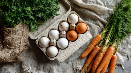 A rustic farm-to-table composition featuring a carton of fresh white and brown eggs alongside a bunch of organic carrots with green tops on a linen cloth.