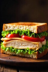 A delicious and hearty turkey sandwich overflowing with juicy roasted turkey breast, crisp lettuce, ripe tomato slices, and creamy mayonnaise on toasted wheat bread , picnic, bread, simple