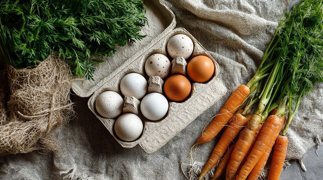 A rustic farm-to-table composition featuring a carton of fresh white and brown eggs alongside a bunch of organic carrots with green tops on a linen cloth. - Powered by Adobe