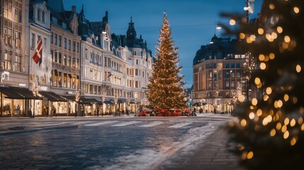 Naklejka premium Festive City Street Scene with Christmas Tree and Lights at Dusk