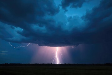 A dramatic dark sky filled with ominous clouds, lightning striking in the distance, heavy rain beginning to fall Perfect for weather, nature, and power imagery , wild weather, natural forces