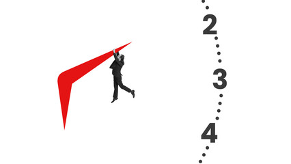 Minimalist collage. Businessman hanging on giant red clock hand symbolizing work time pressure. Concept of deadlines, career stress, corporate time management, and productivity challenges.