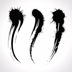 Three black ink blots with trailing brush strokes on a white background artistic representation