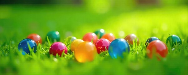 Naklejka premium A handful of colorful marbles scattered on a lush green lawn, sunlight dappling the scene Perfect for games, childhood, spring, or nature themes , garden, polished
