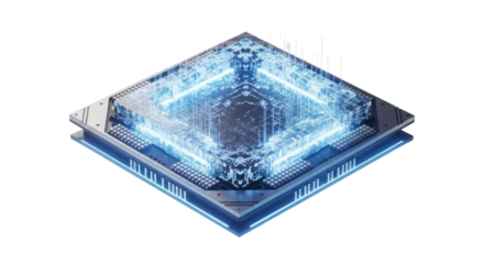 Modern futuristic microchip with glowing blue circuitry isolated PNG with Transparent Background