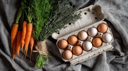 A rustic farm-to-table composition featuring a carton of fresh white and brown eggs alongside a bunch of organic carrots with green tops on a linen cloth.
