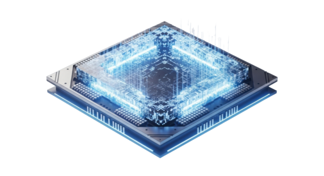 Modern futuristic microchip with glowing blue circuitry isolated PNG with Transparent Background