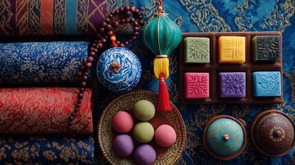 A vibrant cultural flat lay displaying colorful square and round mooncakes, a teal lantern, prayer beads, and rolled patterned silk fabrics for a festive celebration.