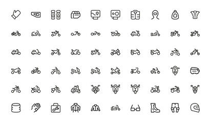Modern motorcycle icons in flat minimal outline style. Perfect for bikers, motorbike clubs, repair shops, delivery services, travel adventures, and motorcycle industry design projects.