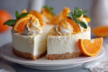 A refreshing orange cheesecake, infused with the zest of fresh oranges, delivering a burst of citrus flavor that tingles the taste buds.