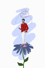 Banner 3d image pop vertical collage of happy girl guy jump chamomile flower bloom spring summer park walk international day celebrate