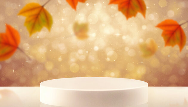 White round podium with golden bokeh sparkling background and falling autumn maple leaves. For autumn product display, fall promotions, Thanksgiving advertising, elegant autumn themed presentations.