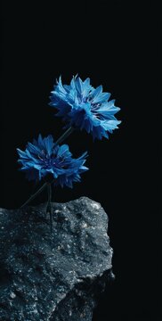 Vibrant cobalt blue flowers elegantly rest atop a textured dark gray stone, bathed in a dramatic black background.