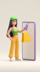 Cartoon girl shopping online with phone and shopping bag in hand  