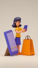 Cartoon woman shopping online with smartphone and shopping bag  