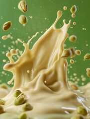 Creamy splash with green pistachio nuts on blurred background  