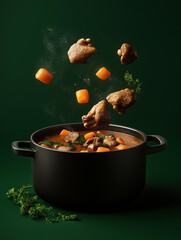 Chicken pieces and vegetables floating above a black pot of stew  