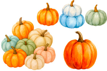 Watercolor pumpkin set with vibrant autumn colors and stacked gourds