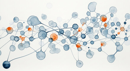 Abstract watercolor painting of interconnected circles in blue and orange hues, symbolizing network, connection, and complex systems, ideal for scientific or technological concepts