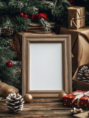 Blank frame surrounded by festive decorations and Christmas gifts  