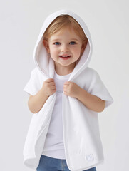 Young girl smiling while wearing a white hooded jacket indoors  