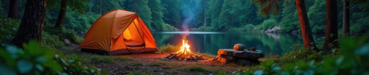 A tranquil scene of a campsite nestled amidst lush greenery, a crackling campfire casting a warm glow on the surrounding idyllic nature Perfect for relaxation and escape , gear, camping