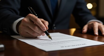Businessman signing important contract in office professional document nighttime environment focused viewpoint