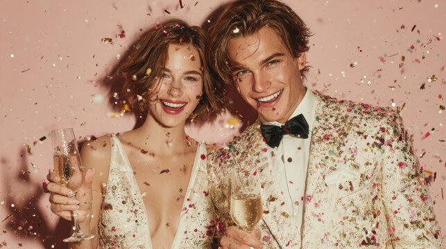 Glamorous couple celebrating in luxurious outfits with champagne on pink background  