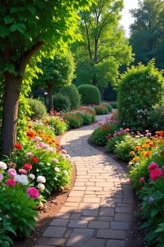 A winding garden path, beautifully decorated with vibrant flowers, lush greenery, and charming garden ornaments, creates a serene and inviting walkway , serene, pebbles