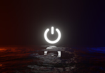 Glowing Power Symbol Over Reflective Water.