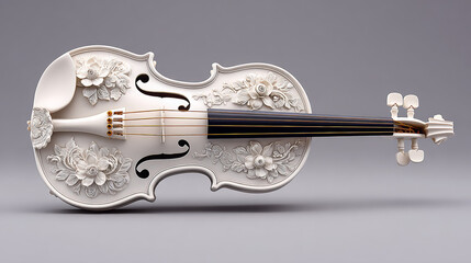 Surreal violin crafted from intricate floral designs on grey background  