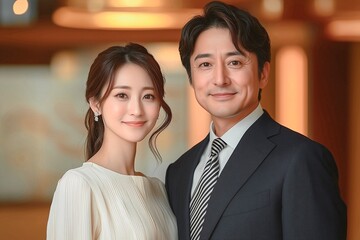 Mature man and woman in classy setting, looking confident. Stylish asian couple in business