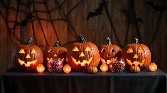 Carved pumpkins with glowing faces are arranged on a black tablecloth with candles and bowls of colorful candy. Halloween party setup indoors. Fun and festive mood.