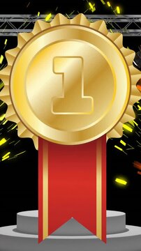 Animation of gold medal with 1 text, confetti and podium in black frame on black background