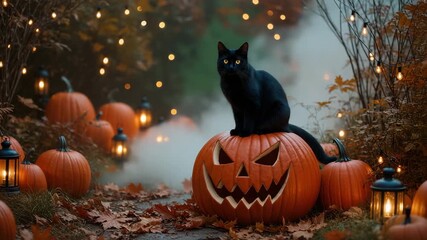 A black cat rests on a carved pumpkin with glowing face in a foggy autumn forest filled with lanterns and jack-o'-lanterns. Halloween night atmosphere. Mysterious and festive. - Powered by Adobe