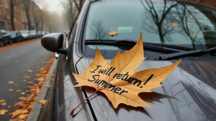Close-up of a dry maple leaf with the handwritten message “I will return! Summer” on the hood of a parked car. A humorous seasonal farewell from summer as autumn takes over.