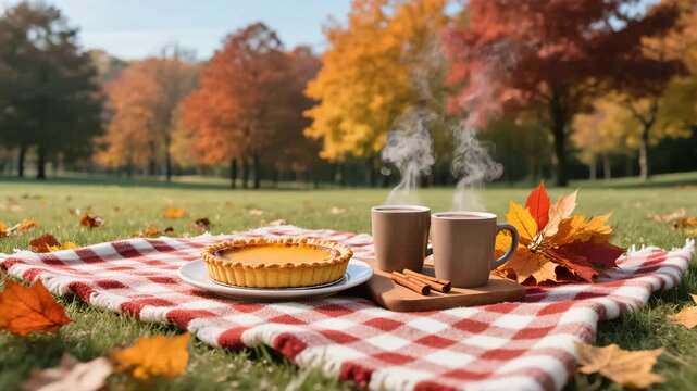 Pumpkin pie and two steaming mugs sit on a red checkered blanket in a sunny park surrounded by vibrant fall foliage. Cozy autumn picnic setup. Warm seasonal mood.