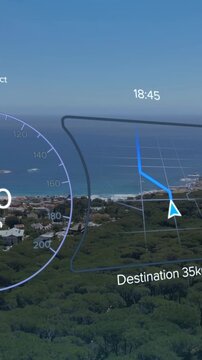 Animation of speedometer and battery lever over landscape