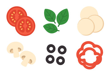 Colorful assortment of fresh ingredients for a pizza preparation on a white background