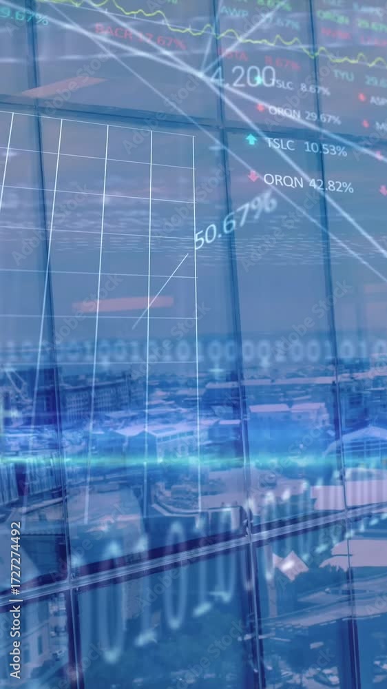 Poster animation of data processing over cityscape