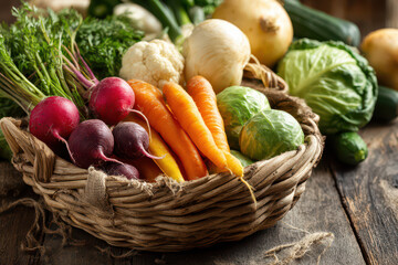 Fresh Organic Vegetable in Rustic Basket Healthy Eco-Friendly Organic