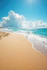 Fototapeta premium Endless horizon of a pristine sandy beach stretching to the meeting point of sky and sea, waves gently lapping the shore Perfect for travel, vacation, and summer themes , water, sand