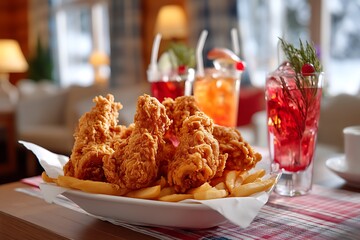 Savoring crispy fried chicken and fries with refreshing drinks, captured in a cozy restaurant setting for a delicious indoor culinary experience.