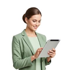 Young business woman holding a tablet and smiling isolated on white or transparent background
